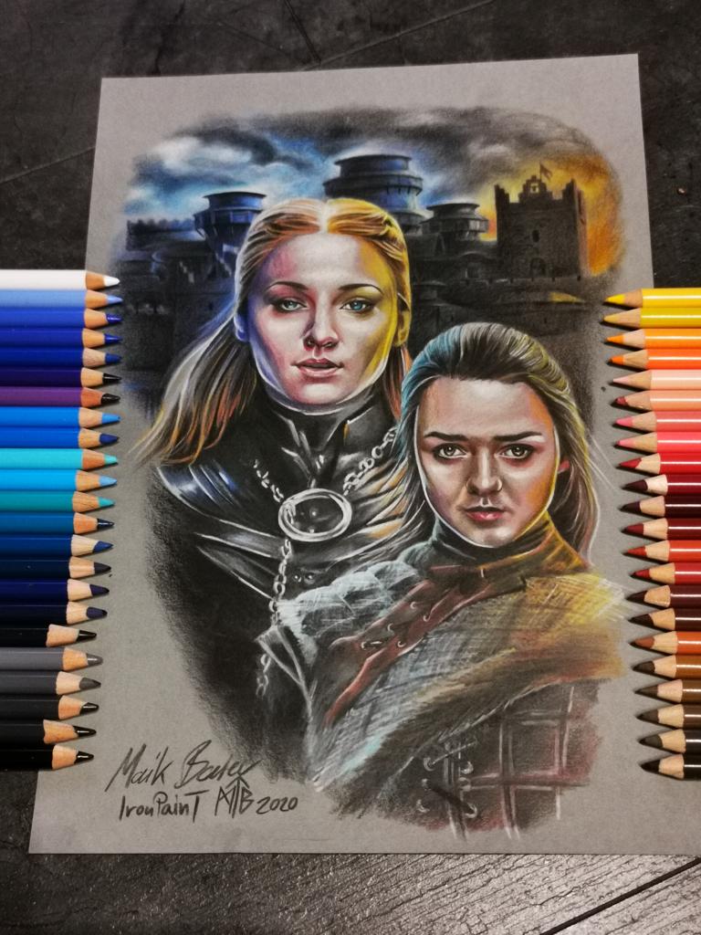 Farbstift-Porträt von Sansa und Arya, signiert Maik Baier / IronPainT