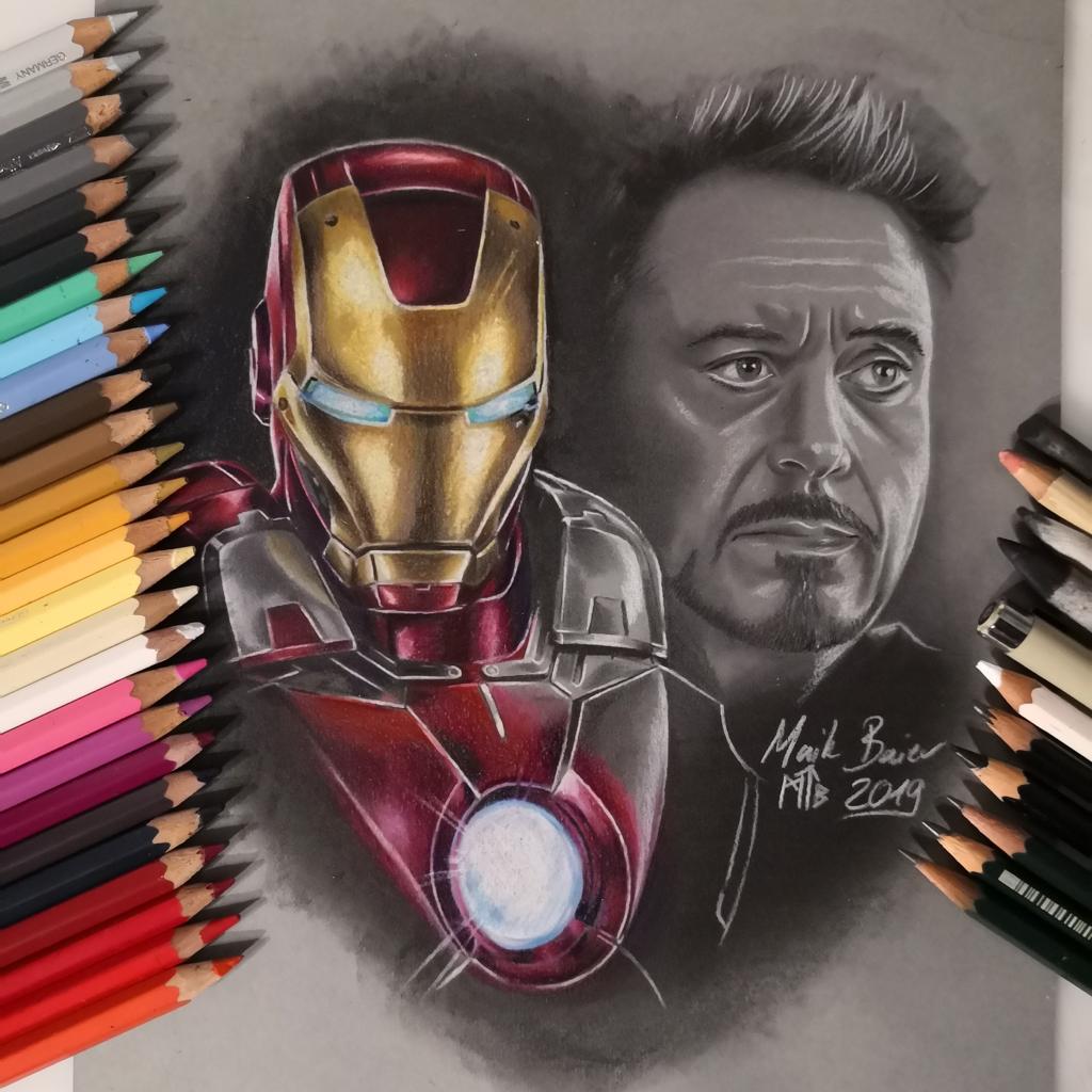 Farbstift-Zeichnung Iron Man und Tony Stark, signiert Maik Baier